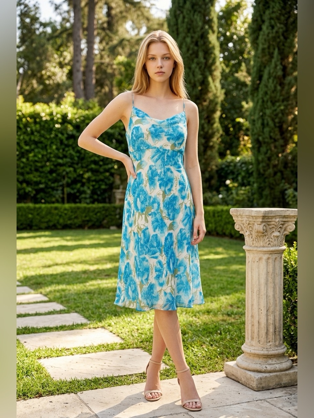 Ann Taylor Vintage Blue Silk Floral Slip Midi Dress size 6P - Picture 2 of 13